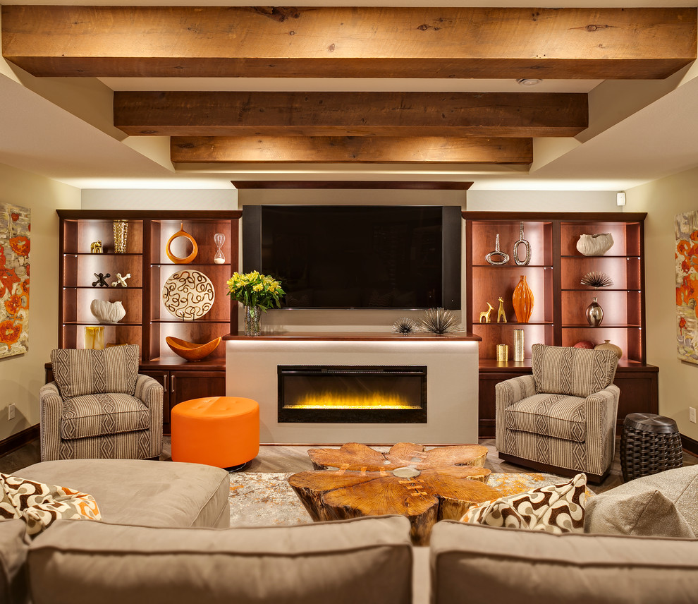 Inspiration for a medium sized classic open plan games room in Minneapolis with white walls, medium hardwood flooring, a ribbon fireplace, a plastered fireplace surround, a wall mounted tv and brown floors.
