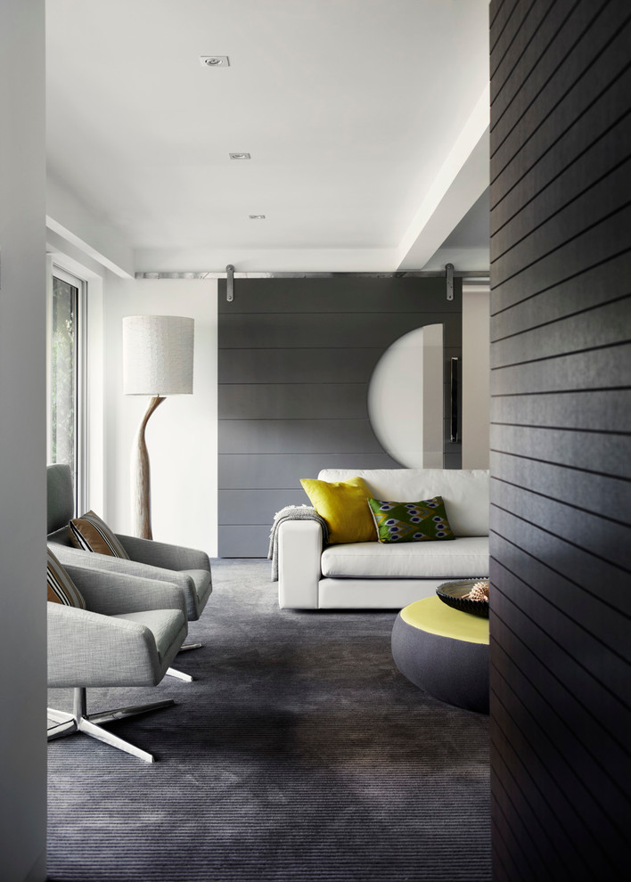 Immagine di un grande soggiorno design aperto con pareti multicolore, moquette, nessun camino e parete attrezzata