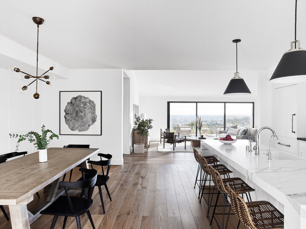 Foto di un grande soggiorno design aperto con pareti bianche, pavimento in legno massello medio, nessuna TV e pavimento marrone