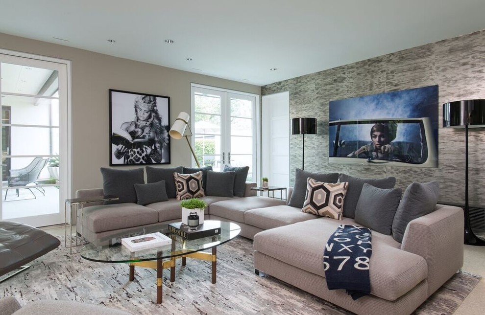 Modernes Wohnzimmer mit grauer Wandfarbe und grauem Boden in Dallas