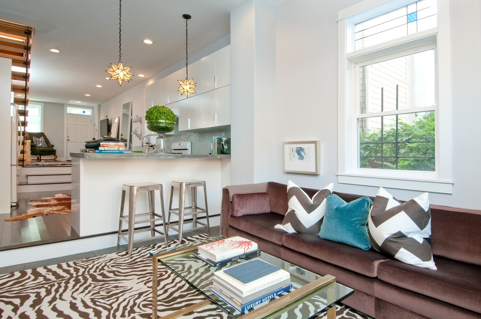 Small trendy open concept carpeted family room photo in Bridgeport with white walls, no fireplace and a tv stand