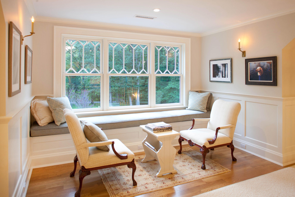 Classic games room in New York with beige walls, medium hardwood flooring, no fireplace and no tv.