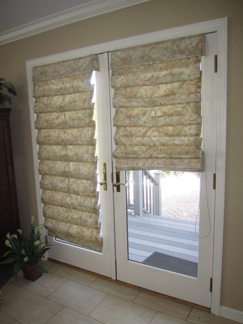 Hobbled Roman Shades on French Doors - Traditional - Family Room - New York  - by Drapery Connection | Houzz
