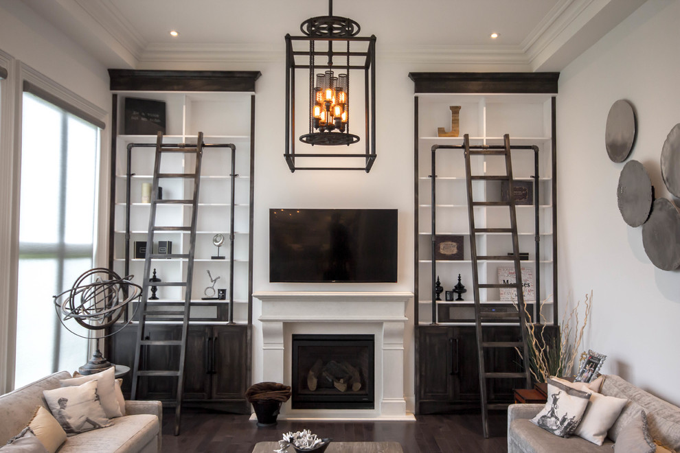 Design ideas for a large contemporary enclosed games room in Toronto with white walls, dark hardwood flooring, a standard fireplace, a plastered fireplace surround, a wall mounted tv and brown floors.