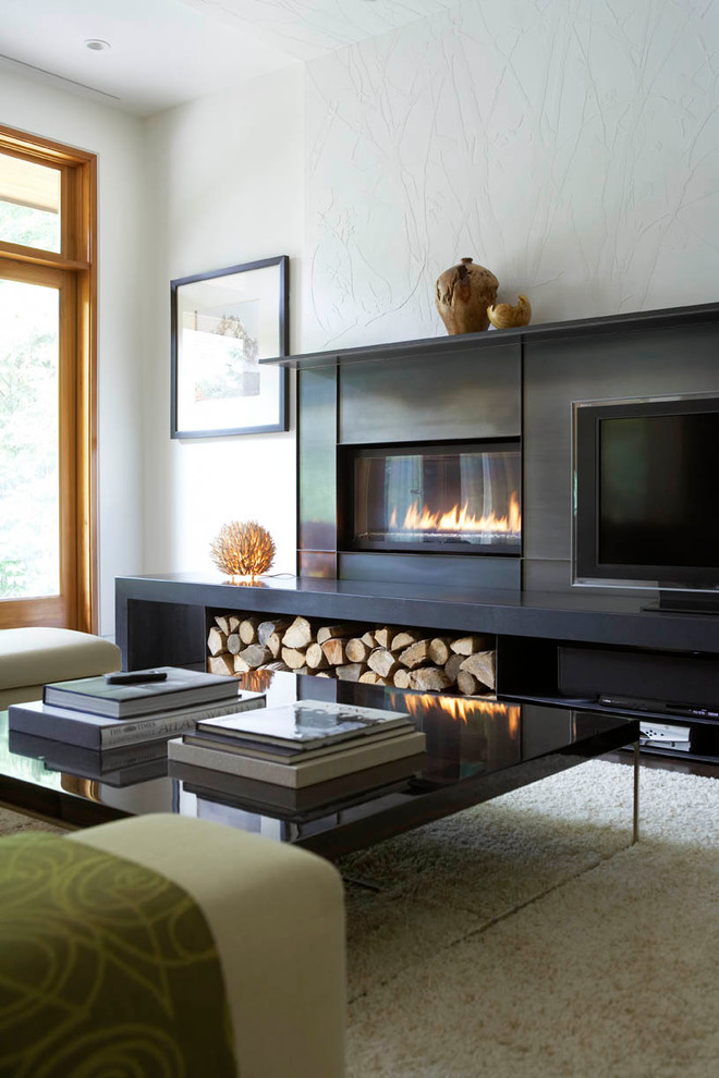 Inspiration for a contemporary family room remodel in Toronto with white walls, a ribbon fireplace, a metal fireplace and a tv stand