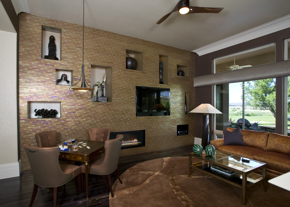 Family room - large transitional open concept dark wood floor family room idea in Sacramento with beige walls, a ribbon fireplace, a wall-mounted tv and a tile fireplace