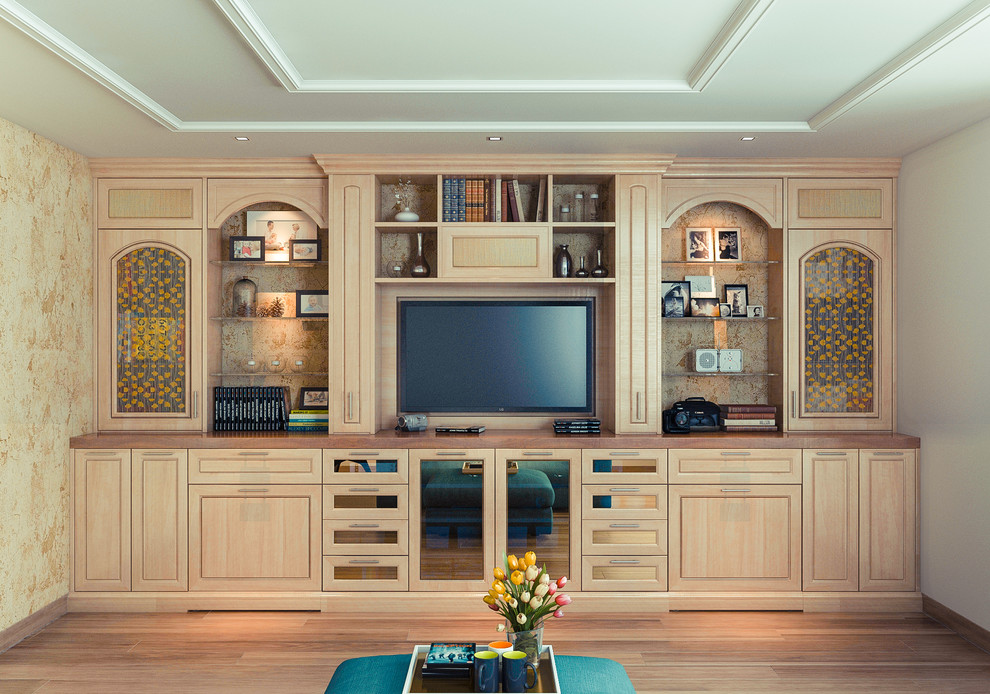 Inspiration for a medium sized traditional enclosed games room in Los Angeles with yellow walls, light hardwood flooring and a built-in media unit.