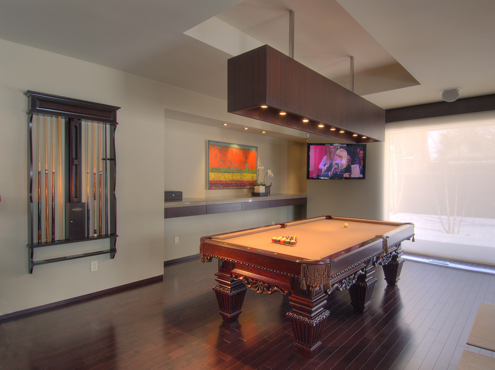 Mid-sized trendy dark wood floor and brown floor family room photo in Toronto with beige walls and a wall-mounted tv