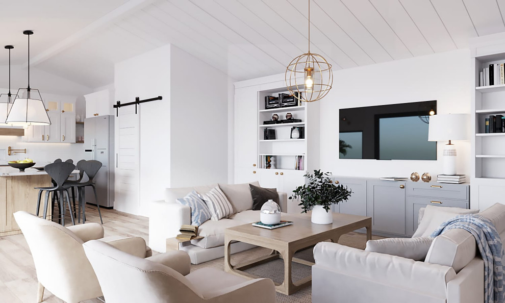 На фото: открытая гостиная комната среднего размера в стиле кантри с белыми стенами, светлым паркетным полом, телевизором на стене и коричневым полом без камина