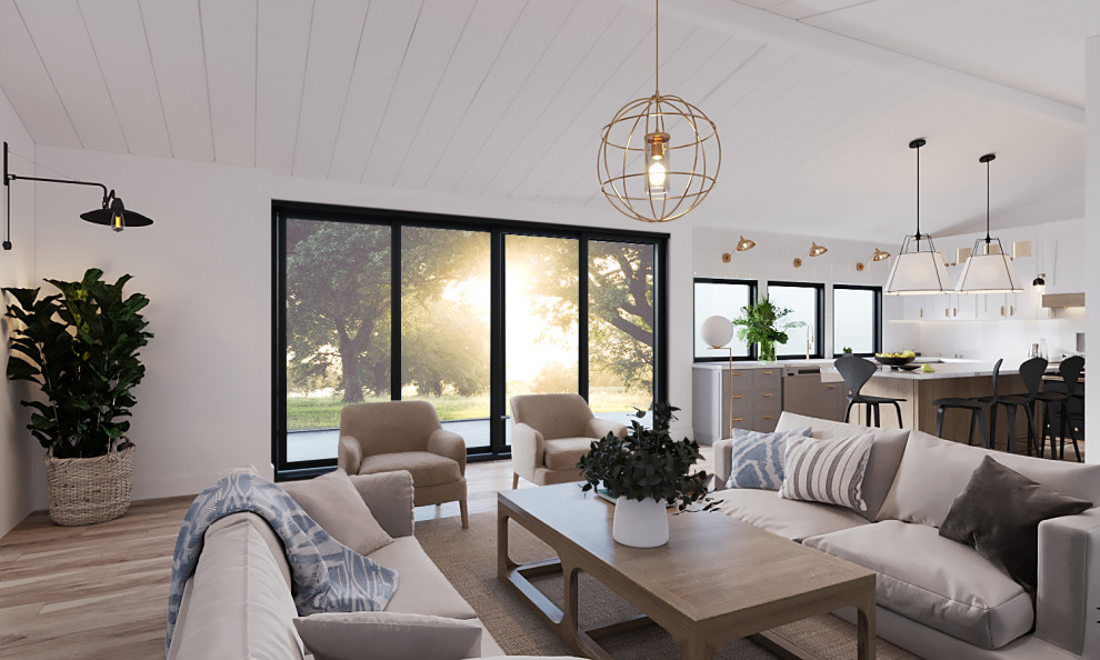 Diseño de sala de estar abierta campestre de tamaño medio sin chimenea con paredes blancas, suelo de madera clara, televisor colgado en la pared y suelo marrón
