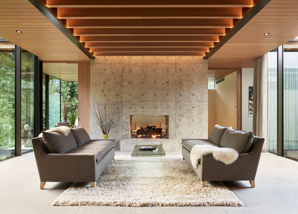 На фото: открытая гостиная комната в стиле модернизм с серыми стенами, двусторонним камином, фасадом камина из бетона и ковром на полу