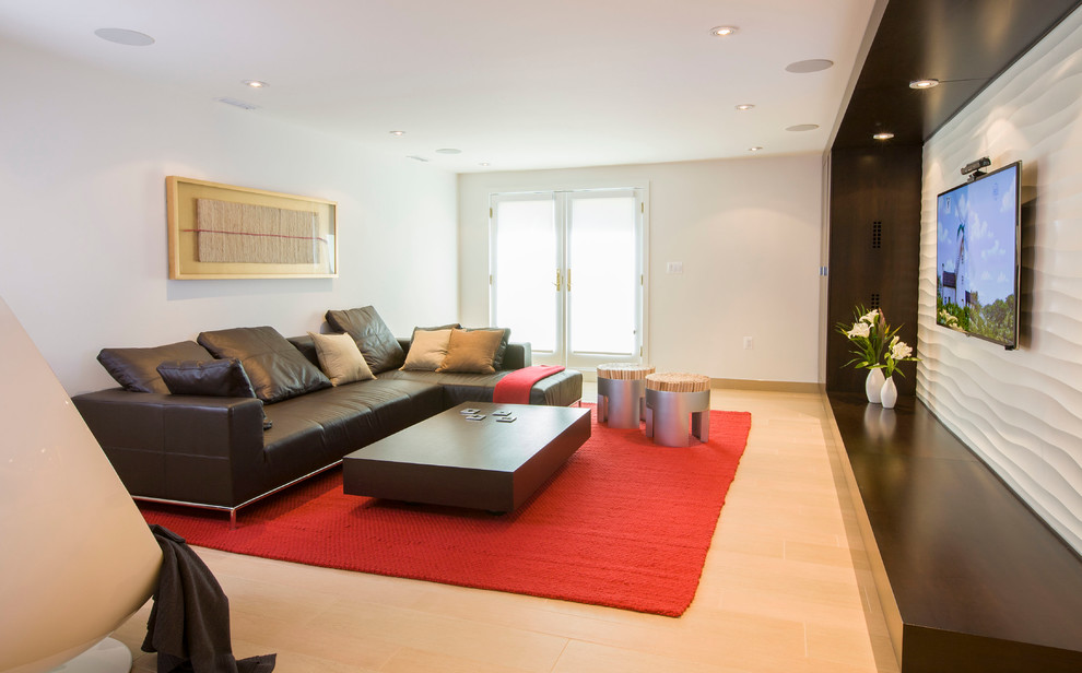 Immagine di un soggiorno contemporaneo di medie dimensioni e aperto con sala giochi, pareti bianche, pavimento in gres porcellanato e TV a parete