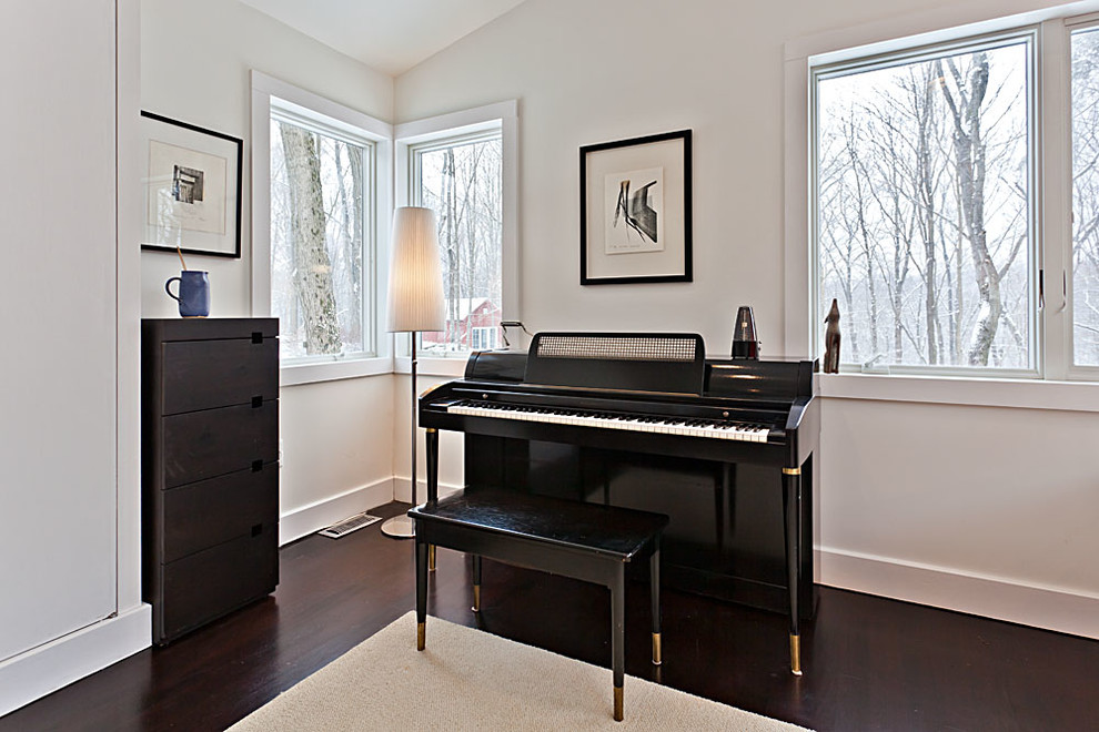 Mid-sized trendy enclosed family room photo in New York with a music area, white walls and no tv