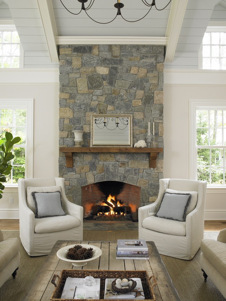Inspiration for a timeless family room remodel in New York with white walls
