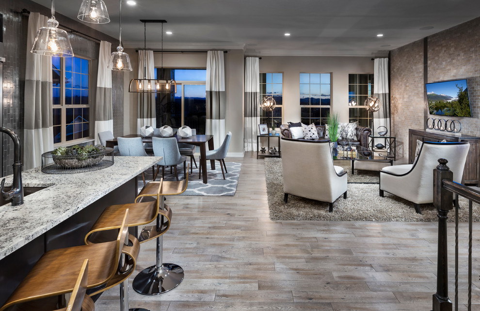 Geräumiges, Offenes Industrial Wohnzimmer mit beiger Wandfarbe, hellem Holzboden und TV-Wand in Denver