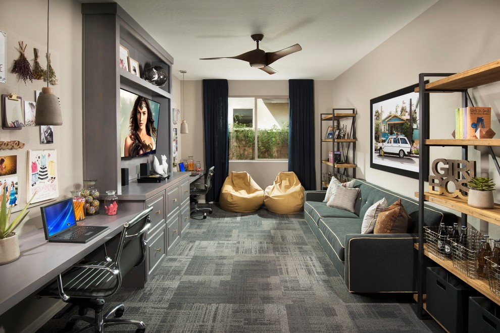 Photo of a transitional family room in Phoenix with grey walls, carpet, grey floor and a built-in media wall.
