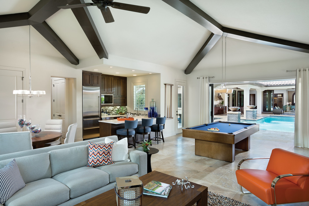 Expansive contemporary games room in Tampa with white walls and ceramic flooring.
