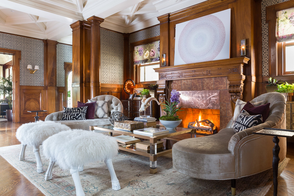 Inspiration for a large classic living room in San Francisco with a standard fireplace and a tiled fireplace surround.