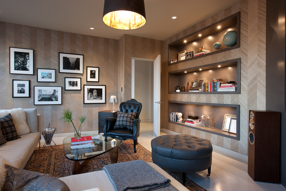 Inspiration for a transitional enclosed family room remodel in Chicago with beige walls