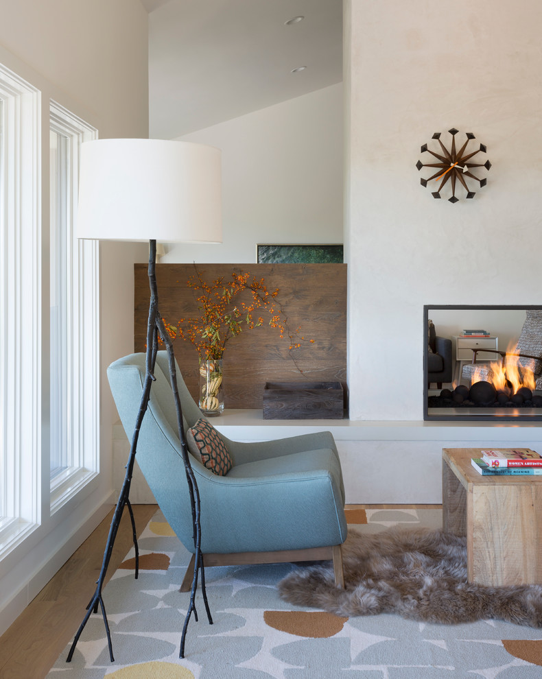 Ejemplo de sala de estar contemporánea con chimenea de doble cara