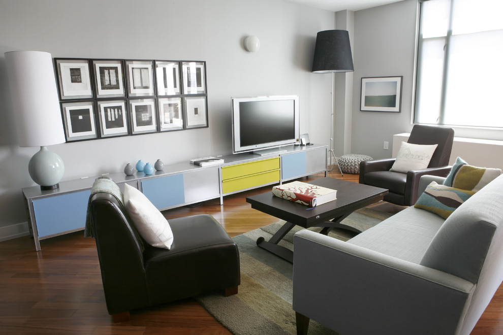 Ispirazione per un soggiorno design di medie dimensioni con pareti grigie, pavimento in legno massello medio e TV autoportante