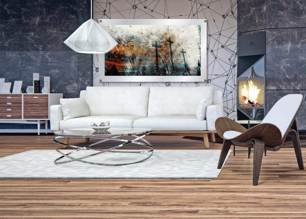 Diseño de sala de estar minimalista de tamaño medio con suelo marrón