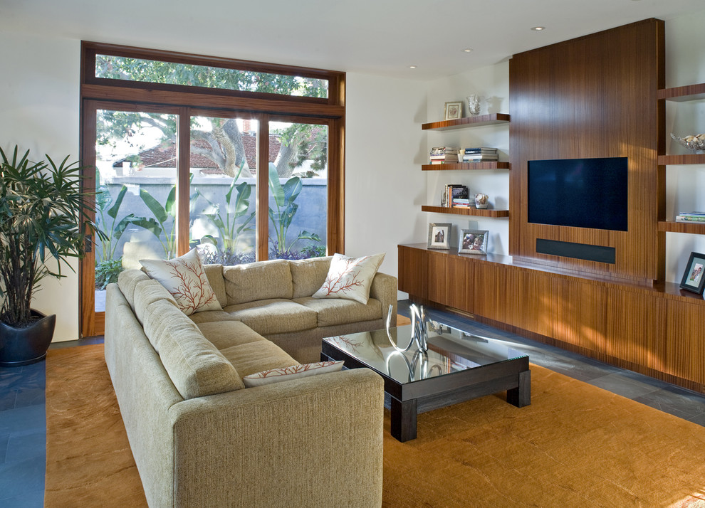 Cette image montre une salle de séjour design avec un mur blanc et un téléviseur fixé au mur.