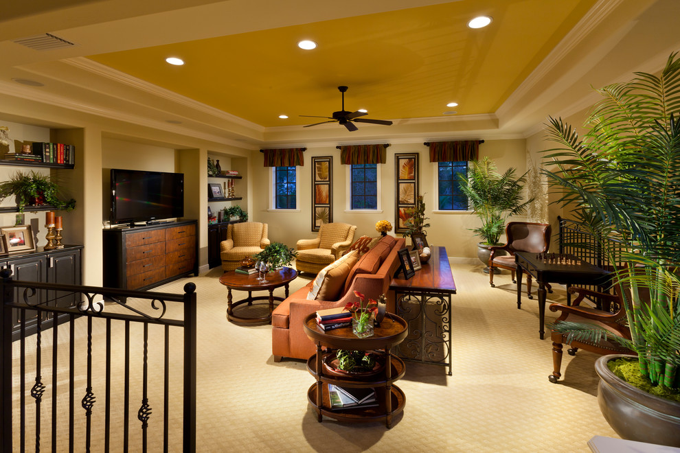 Design ideas for a large traditional mezzanine games room in Tampa with a game room, beige walls, carpet and a freestanding tv.