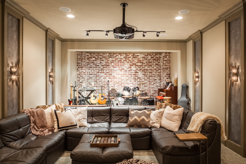 Family room - rustic enclosed family room idea in Houston with a music area and beige walls