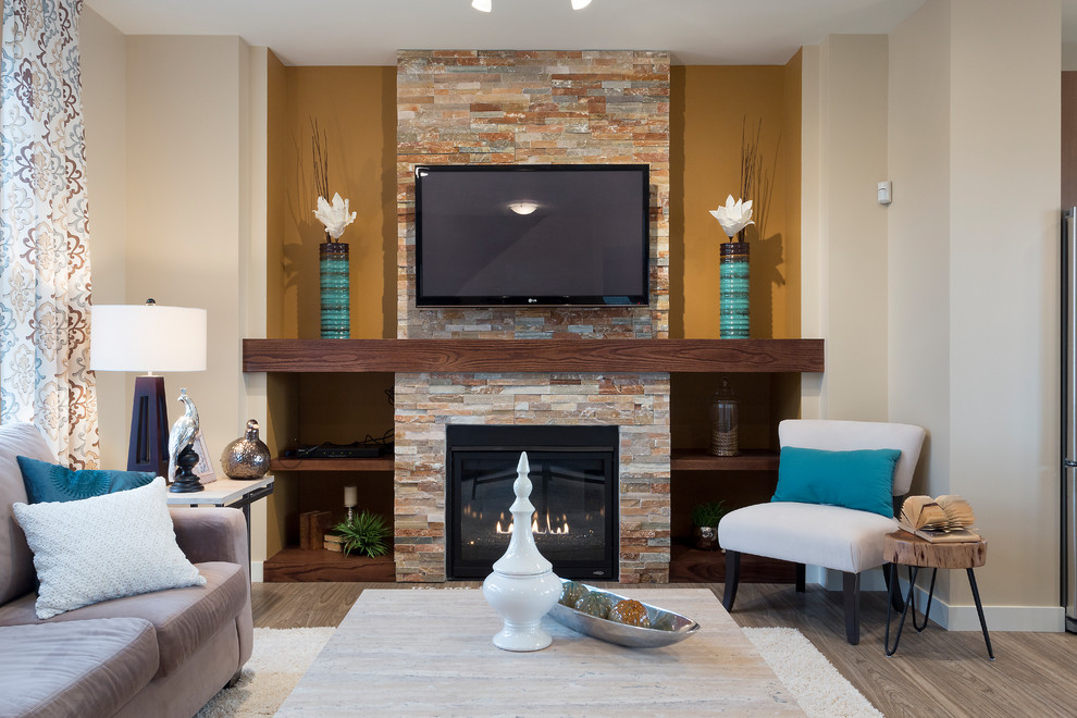 Inspiration for a small contemporary open plan games room in Other with yellow walls, vinyl flooring, a ribbon fireplace, a stone fireplace surround and a wall mounted tv.