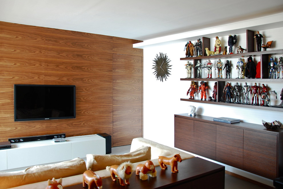 Contemporary games room in Hong Kong with white walls and a wall mounted tv.