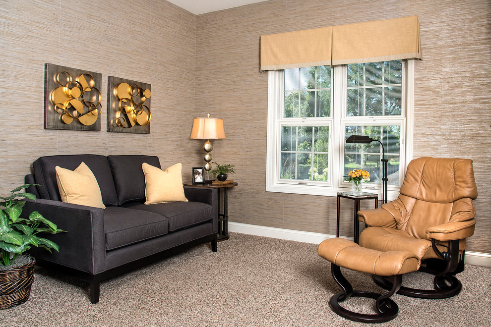 Inspiration for a small contemporary enclosed games room in Milwaukee with carpet, a freestanding tv, beige floors, a reading nook, grey walls and no fireplace.