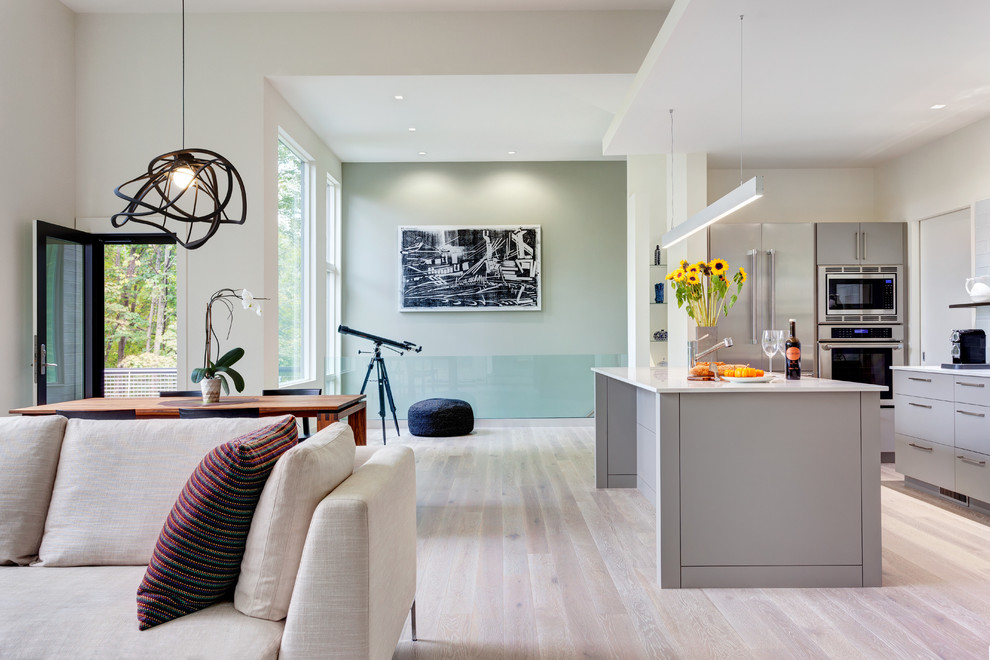 Источник вдохновения для домашнего уюта: открытая гостиная комната среднего размера в стиле модернизм с серыми стенами, светлым паркетным полом и серым полом