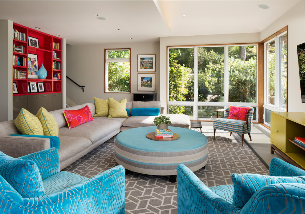 Family room - contemporary open concept family room idea in San Francisco with white walls