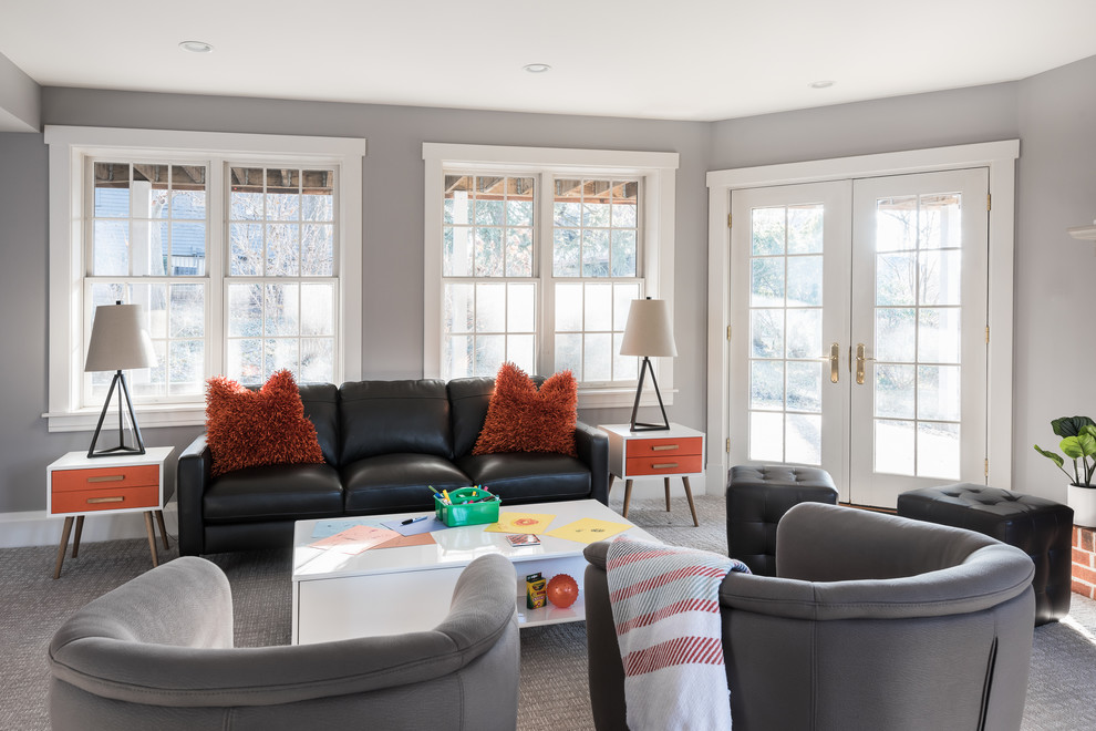 Diseño de sala de estar contemporánea grande con paredes grises, moqueta y suelo gris