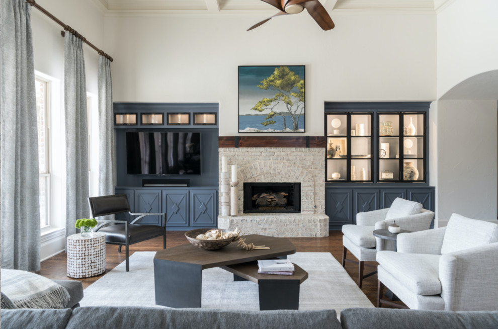 Large danish open concept dark wood floor and brown floor family room photo in Dallas with white walls, a standard fireplace, a brick fireplace and a media wall