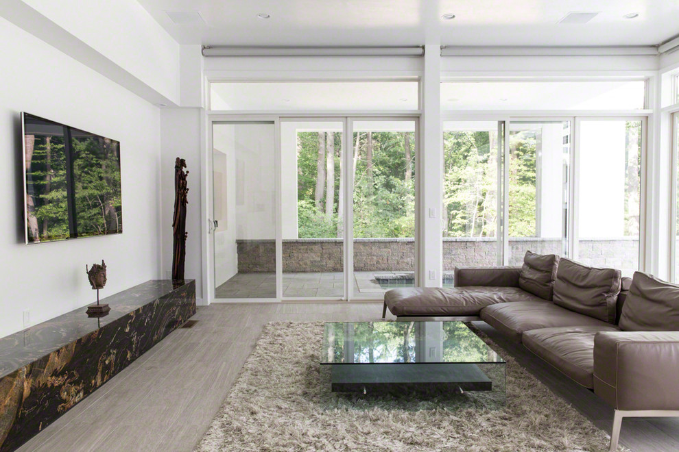 This is an example of a medium sized contemporary open plan games room in Boston with white walls, light hardwood flooring, no fireplace and a wall mounted tv.