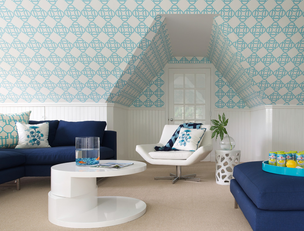 Immagine di un soggiorno chic di medie dimensioni e aperto con pareti blu, moquette, nessun camino, nessuna TV e pavimento beige