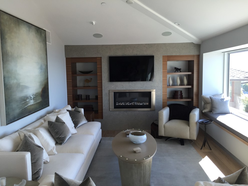 Cette image montre une salle de séjour minimaliste de taille moyenne et fermée avec un mur gris, parquet clair, une cheminée standard, un manteau de cheminée en métal, un téléviseur fixé au mur et un sol marron.