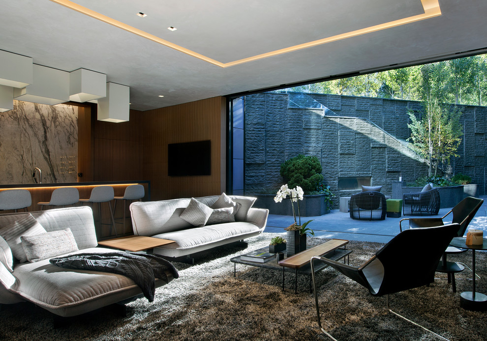 Ejemplo de sala de estar contemporánea con paredes marrones, televisor colgado en la pared y suelo gris