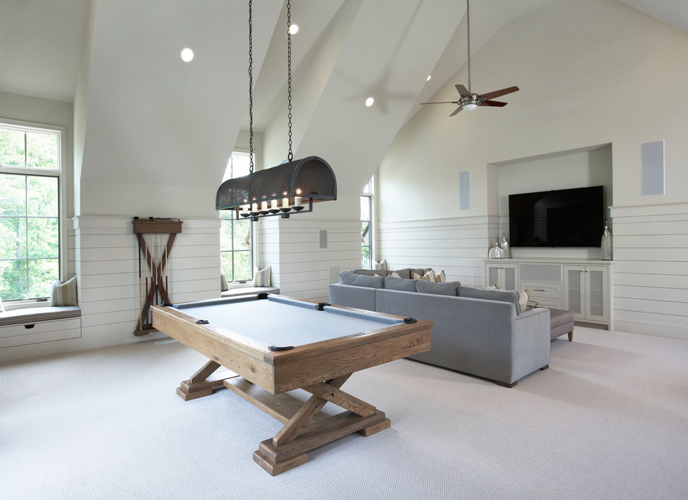Inspiration for an expansive classic open plan games room in Other with white walls, carpet and a wall mounted tv.