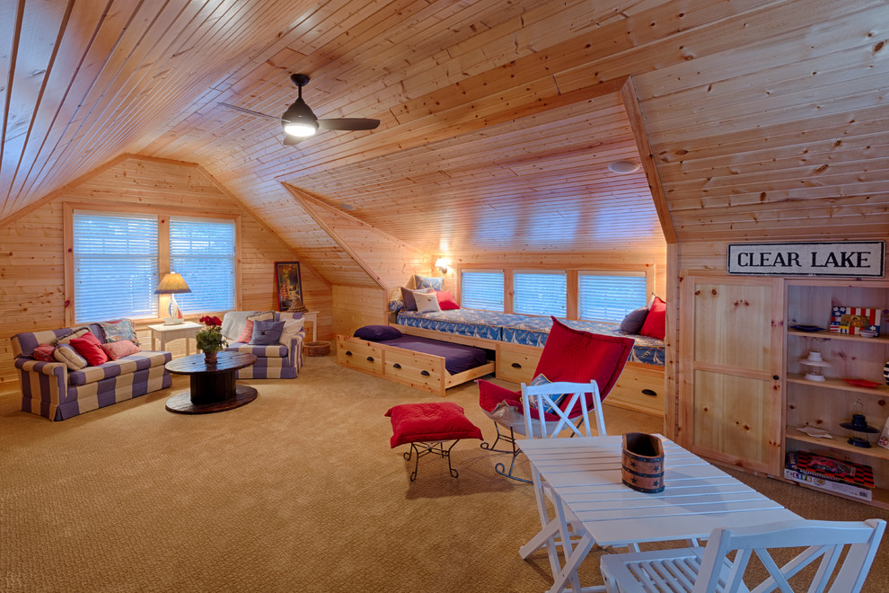 Cette image montre une salle de séjour marine de taille moyenne avec moquette et un sol beige.