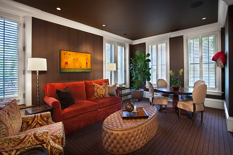 Family room - traditional brown floor family room idea in Chicago with brown walls