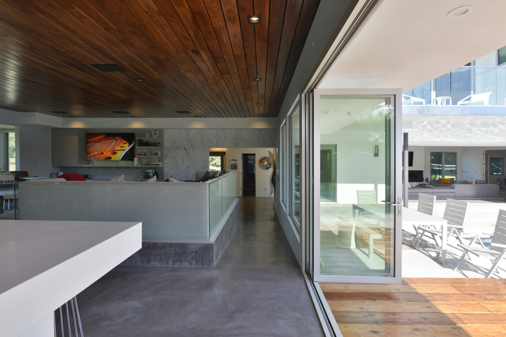 Immagine di un grande soggiorno minimalista aperto con pareti grigie, pavimento in cemento, nessun camino e TV a parete