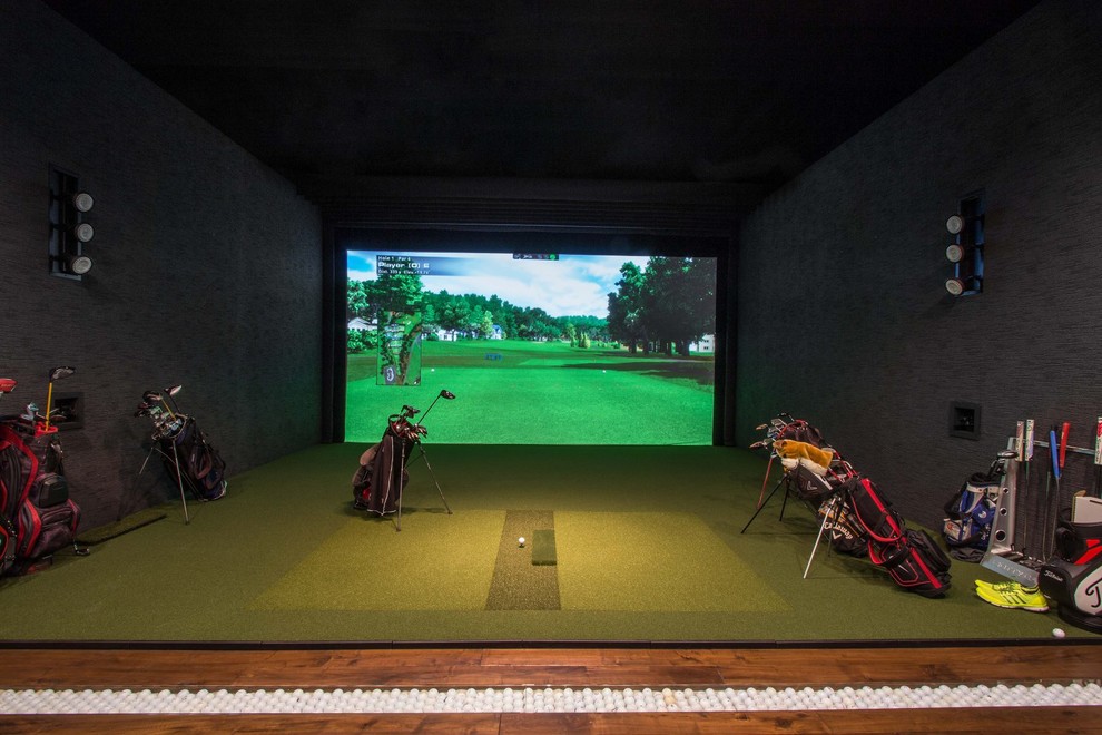 Inspiration for a large traditional enclosed games room in Salt Lake City with a game room, grey walls, carpet, no fireplace, a built-in media unit and brown floors.