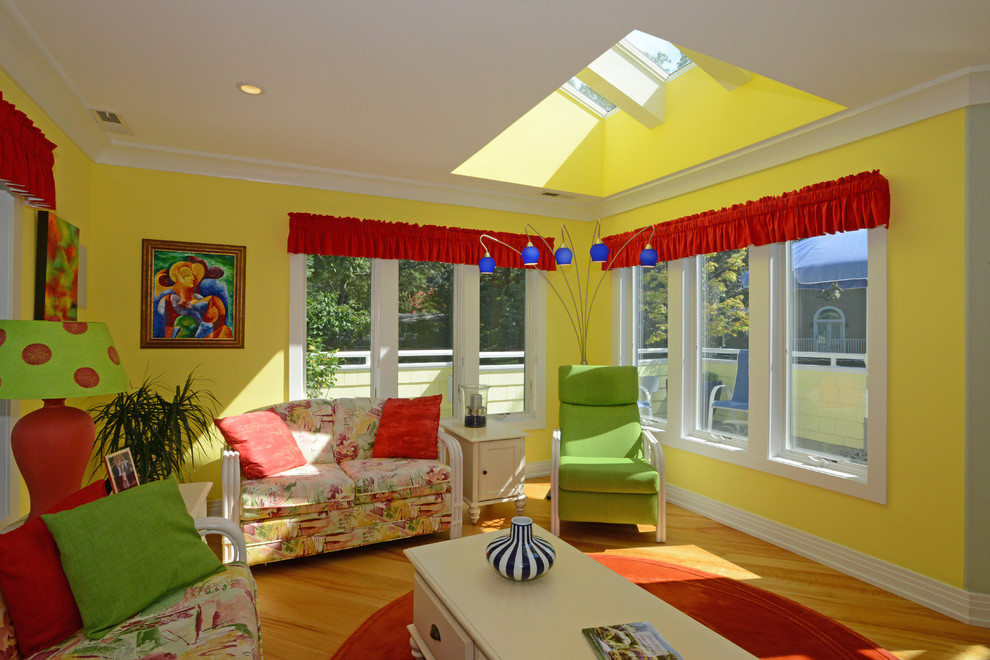 Large minimalist light wood floor family room photo in Other with yellow walls, no fireplace and no tv