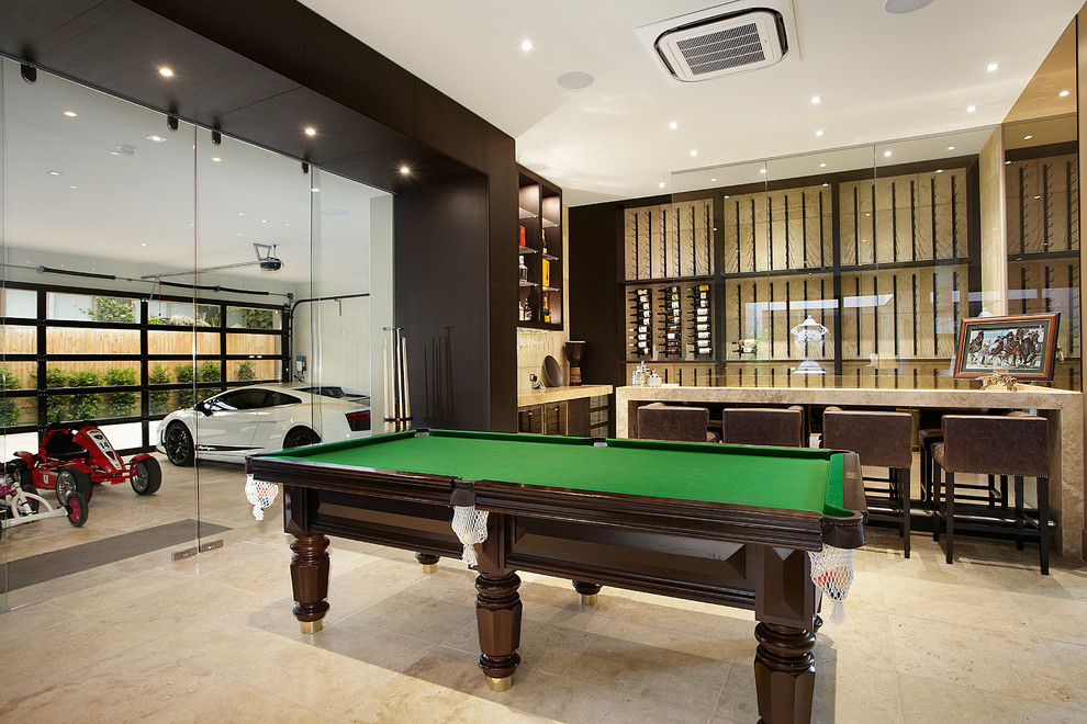 Expansive contemporary open plan games room in Melbourne with beige walls.