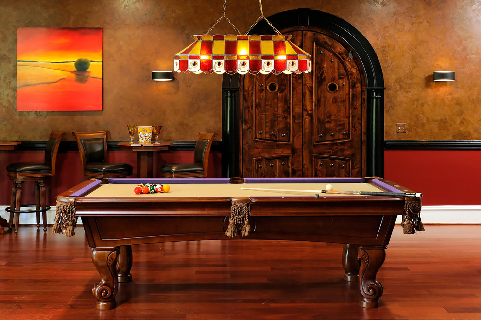 Traditional games room in DC Metro with brown walls and a dado rail.