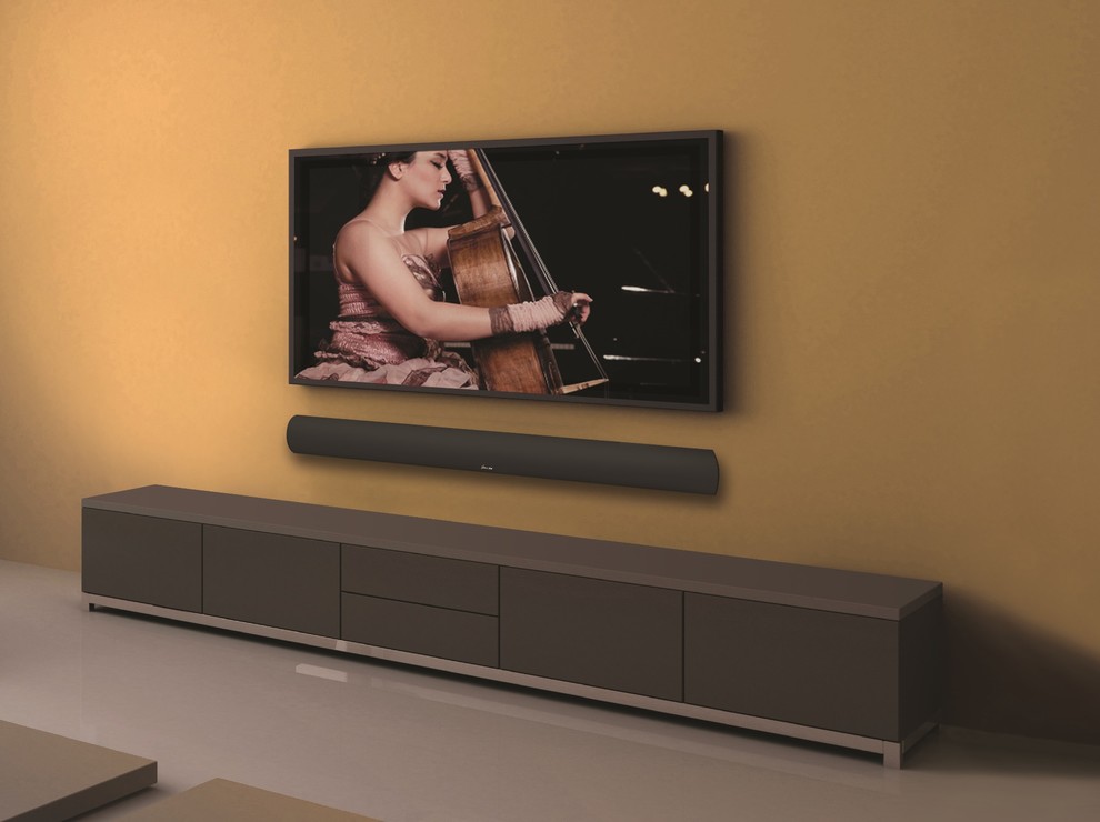 Пример оригинального дизайна: открытая комната для игр в стиле модернизм с скрытым телевизором