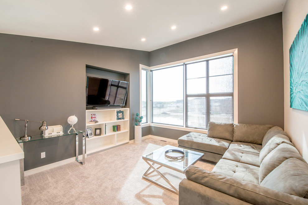 Cette image montre une salle de séjour design avec un mur gris et moquette.
